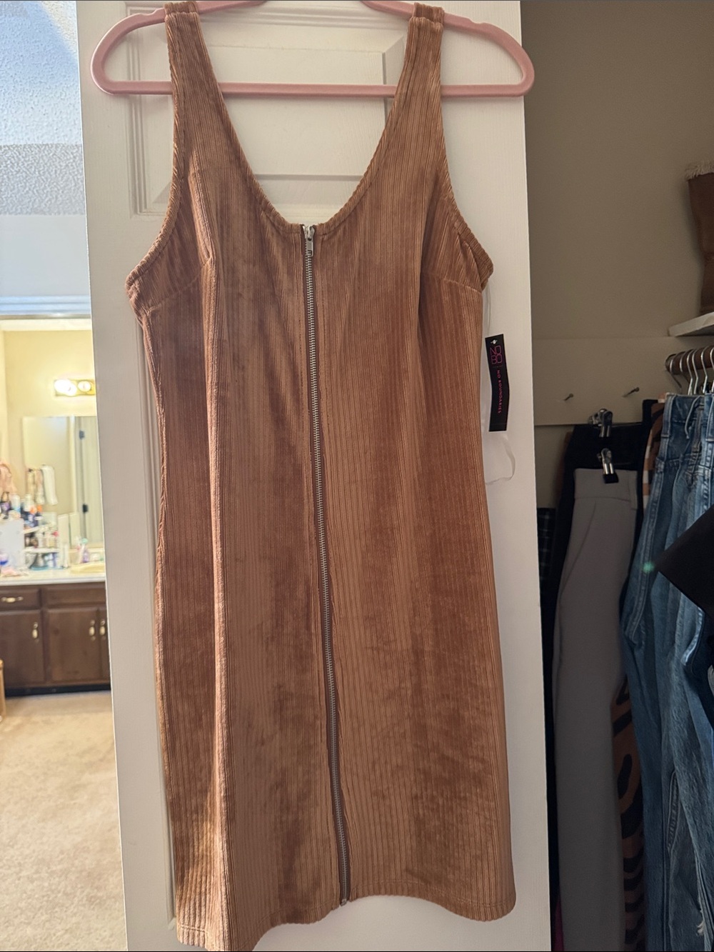 No Boundaries Ribbed Zip-Front Mini Dress in Camel